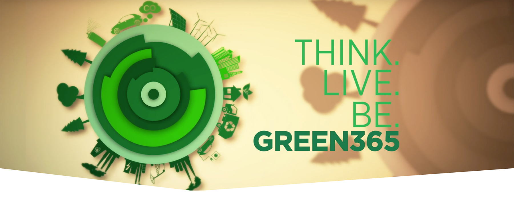 "Think. Live. Be. Green365." Abstract, geometric world with examples of green infrastructure: cars, trees, solar panels, wind turbines, homes, trucks, factories.