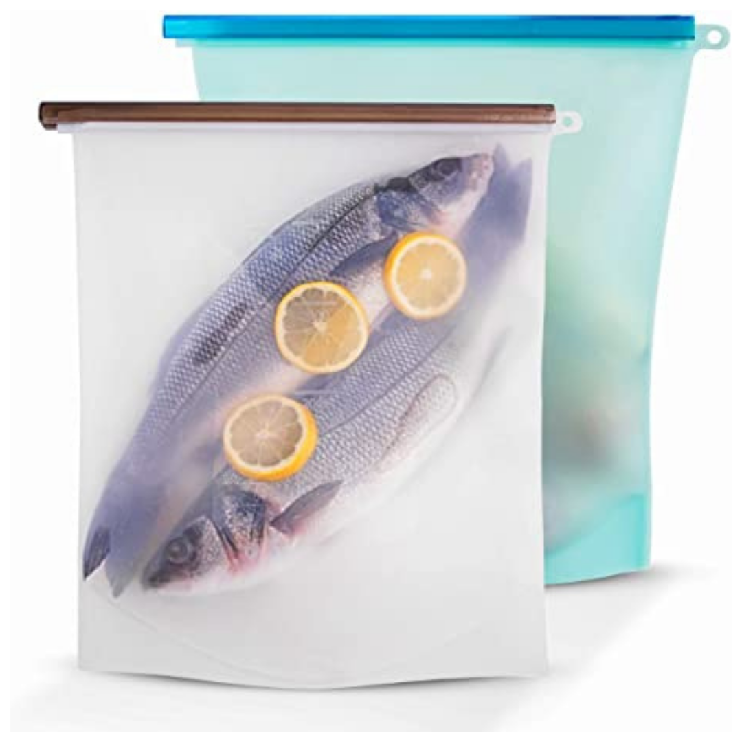 reusable silicone bag with fish and lemon inside it