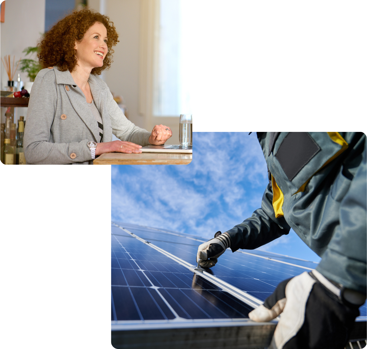 businesswoman smiling in office and closeup of solar panel installation