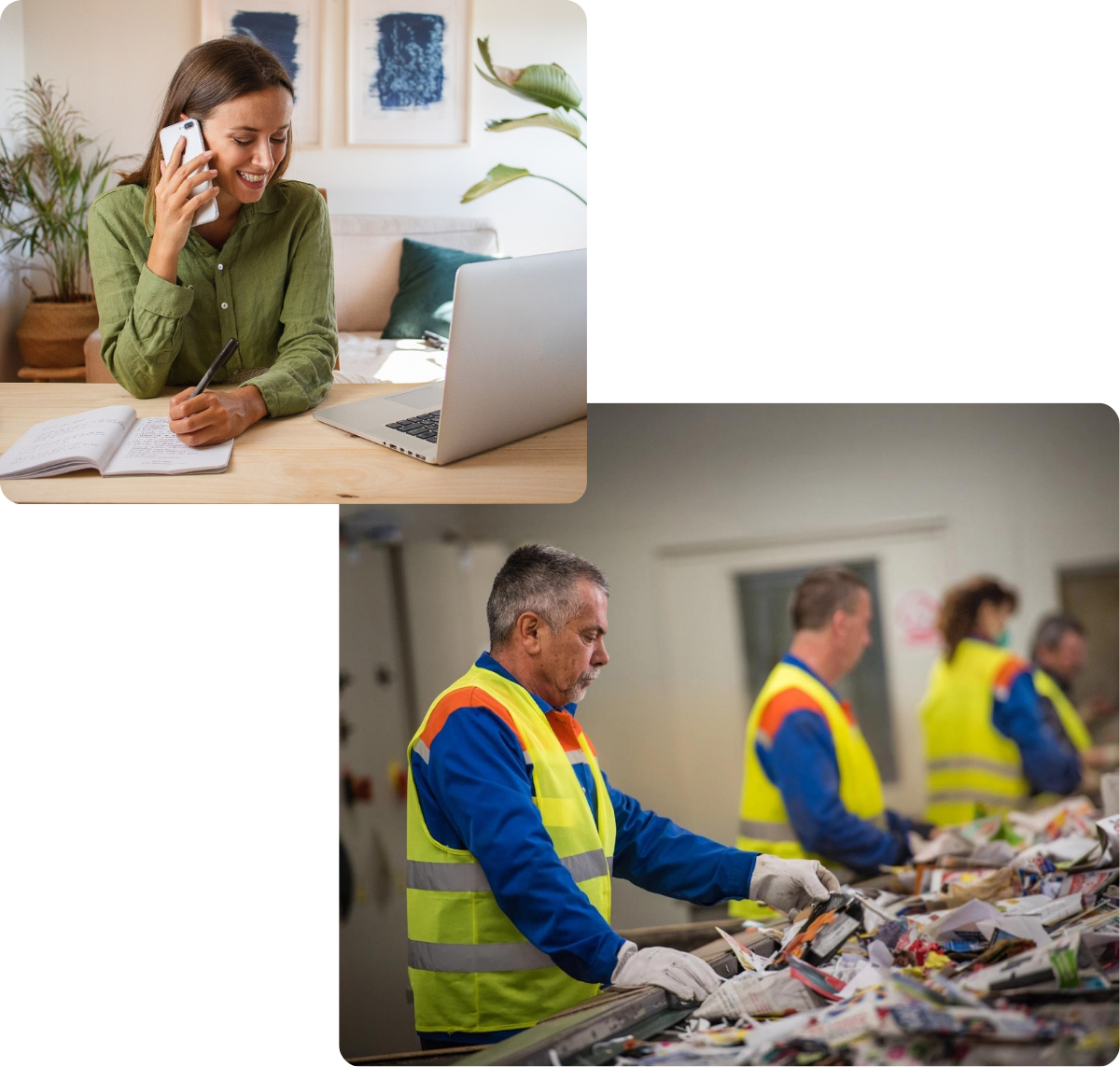 woman at home on consultation call and team of workers in safety vests sorting paper recycling on belt