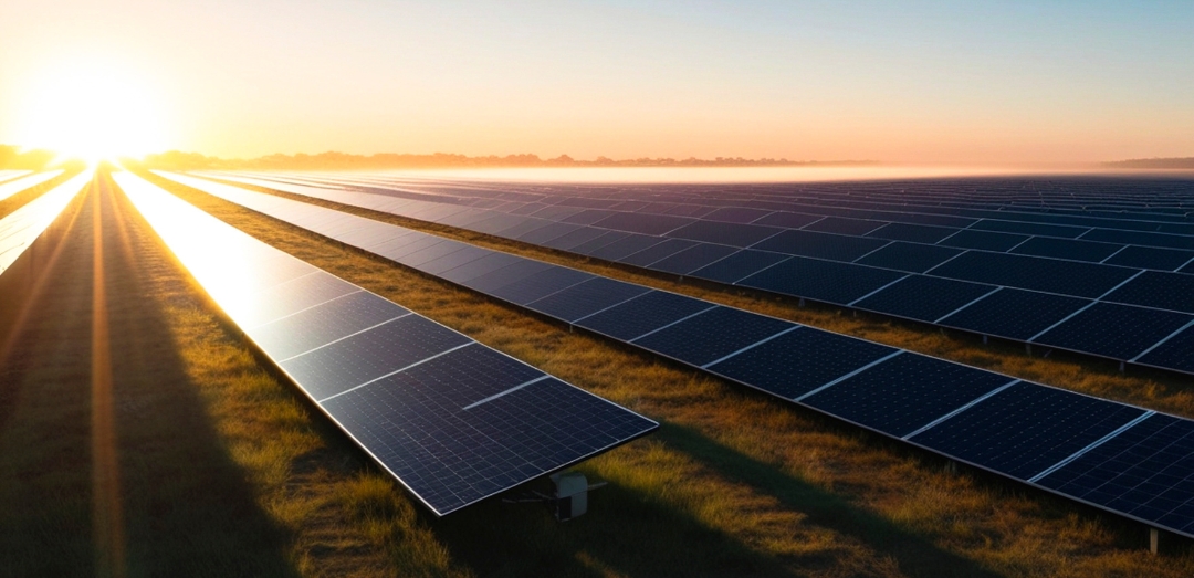 solar panels grid farm at sunrise lining up with sun rays in open field solar farm